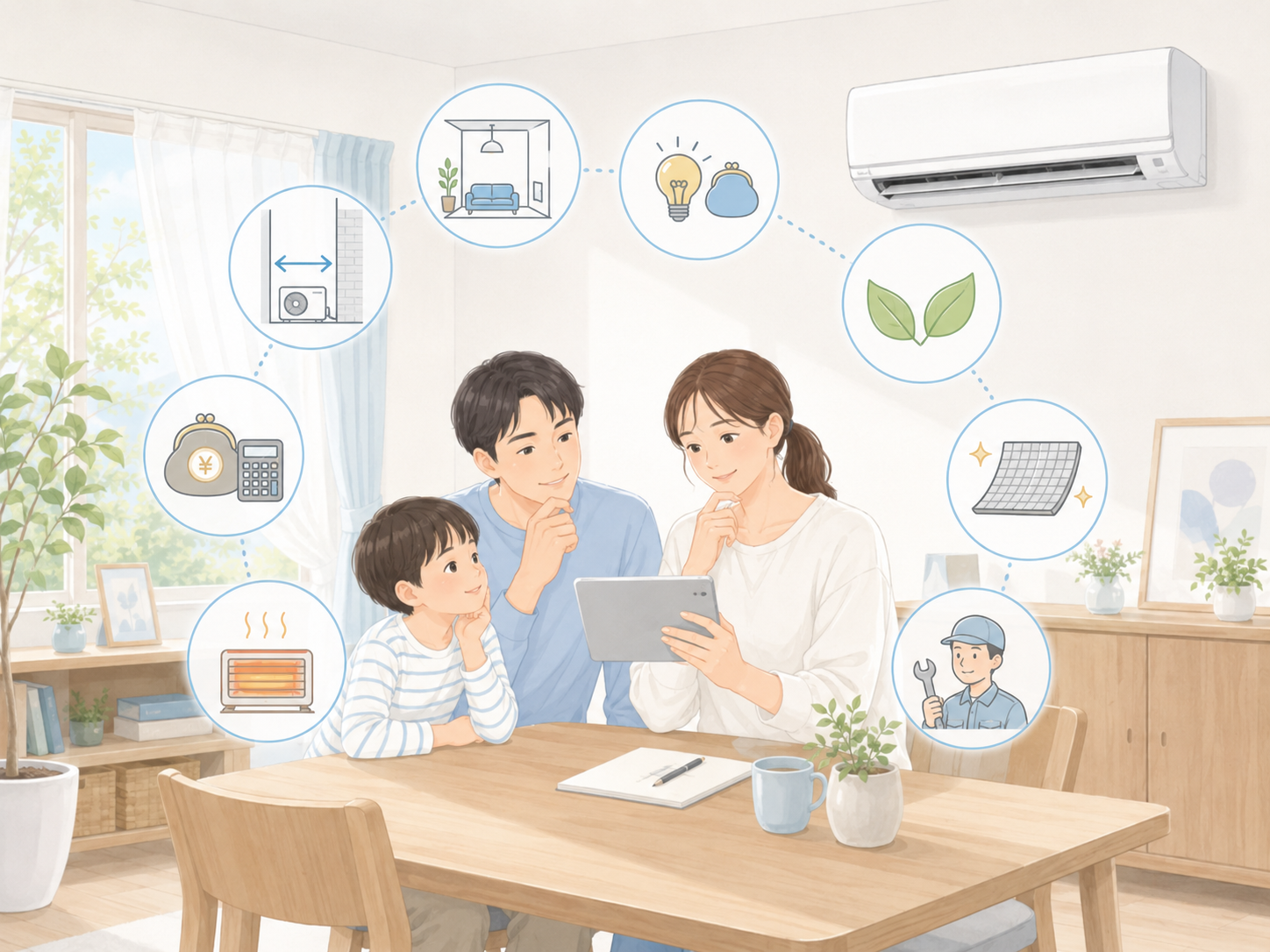 エアコン選びのポイントを確認しているイメージイラスト
