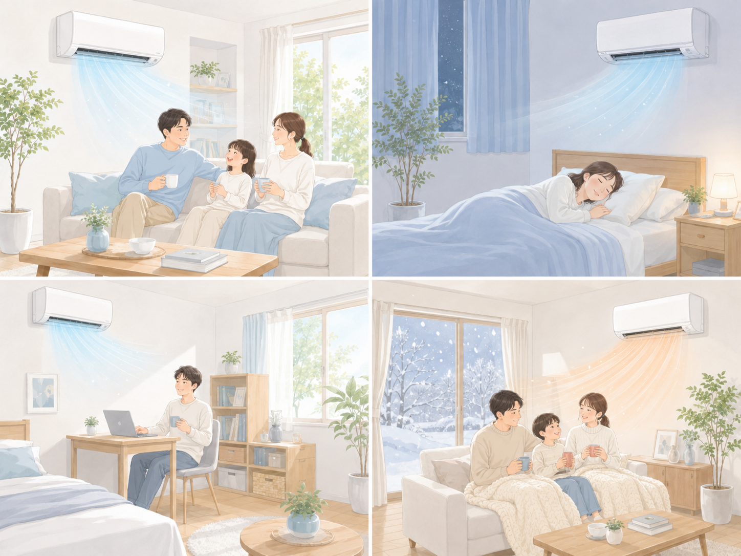 部屋ごとにおすすめのエアコンが異なることを示すイメージイラスト