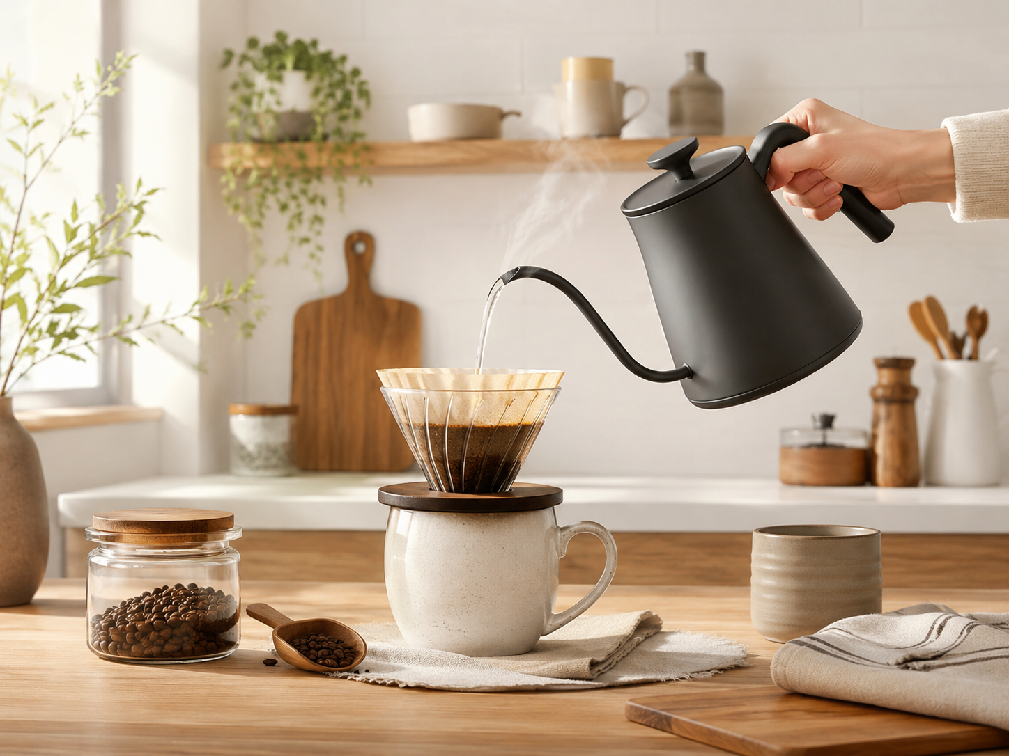 細口ケトルでコーヒーをハンドドリップしているキッチンのイラスト