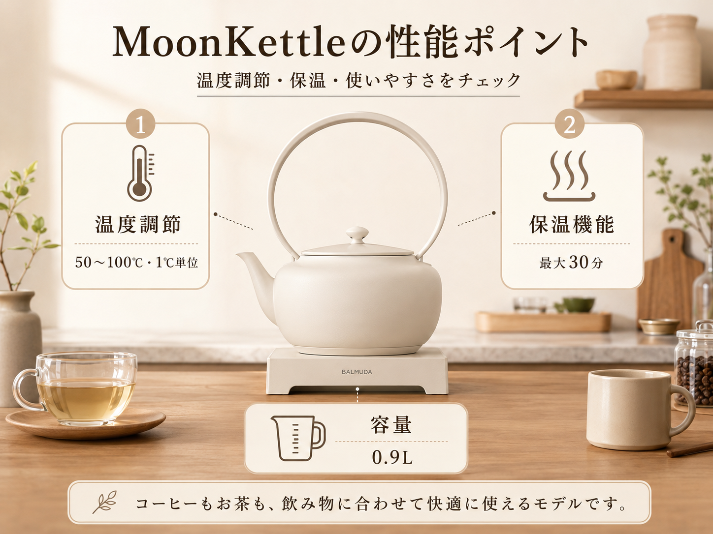 電気ケトルの温度調節・保温・沸騰スピードを比較した図解イラスト