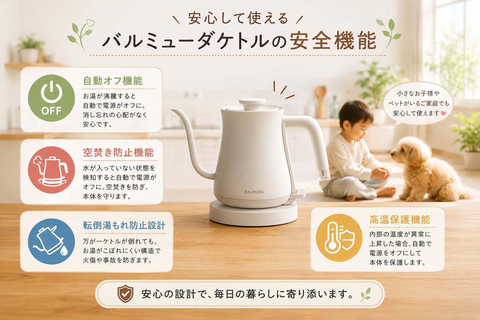 バルミューダケトルの安全機能を説明するイラスト
