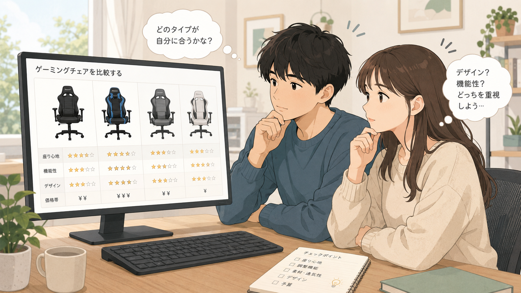 ゲーミングチェアの選び方に悩む人のイラスト