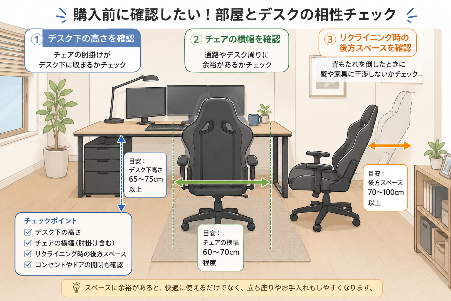 部屋にゲーミングチェアを置く前にスペース確認をするイラスト