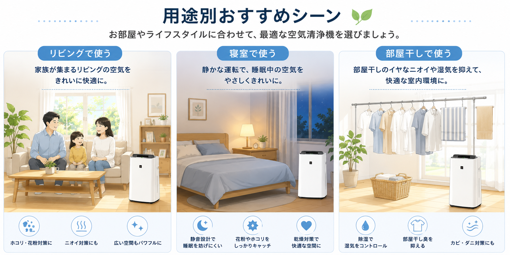 リビング、寝室、部屋干しで使う空気清浄機のイメージ