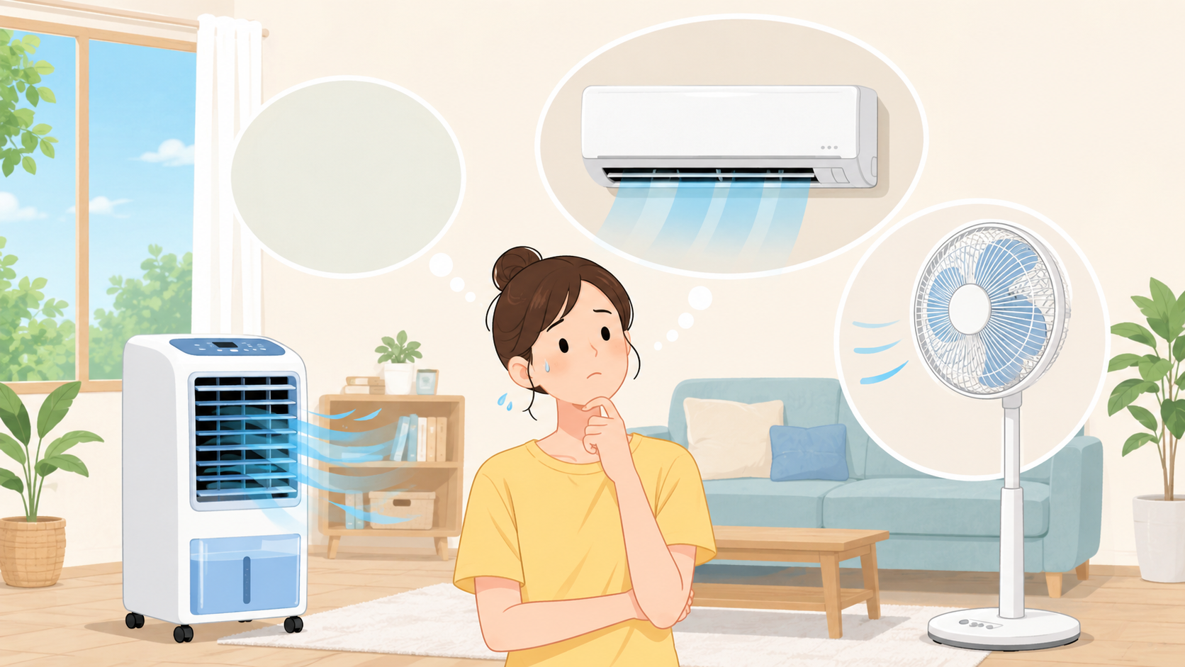 冷風機とエアコンと扇風機の違いに迷う人のイラスト