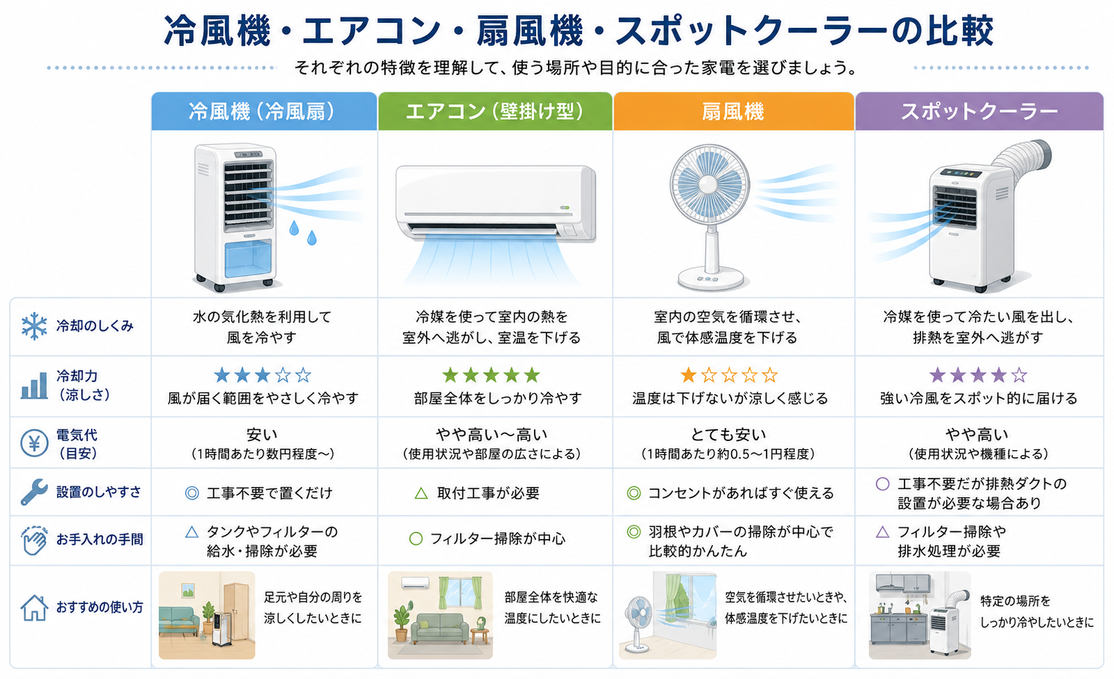 冷風機とエアコンと扇風機とスポットクーラーの比較イメージ