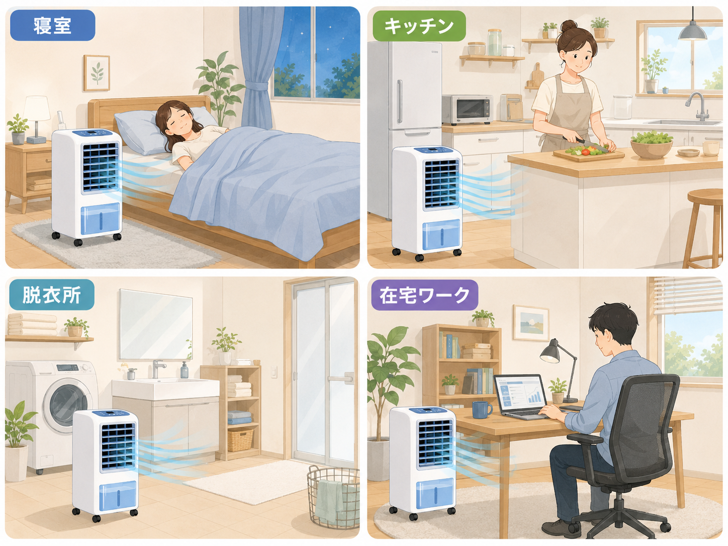 寝室やキッチンや在宅ワークで冷風機を使い分けるイラスト