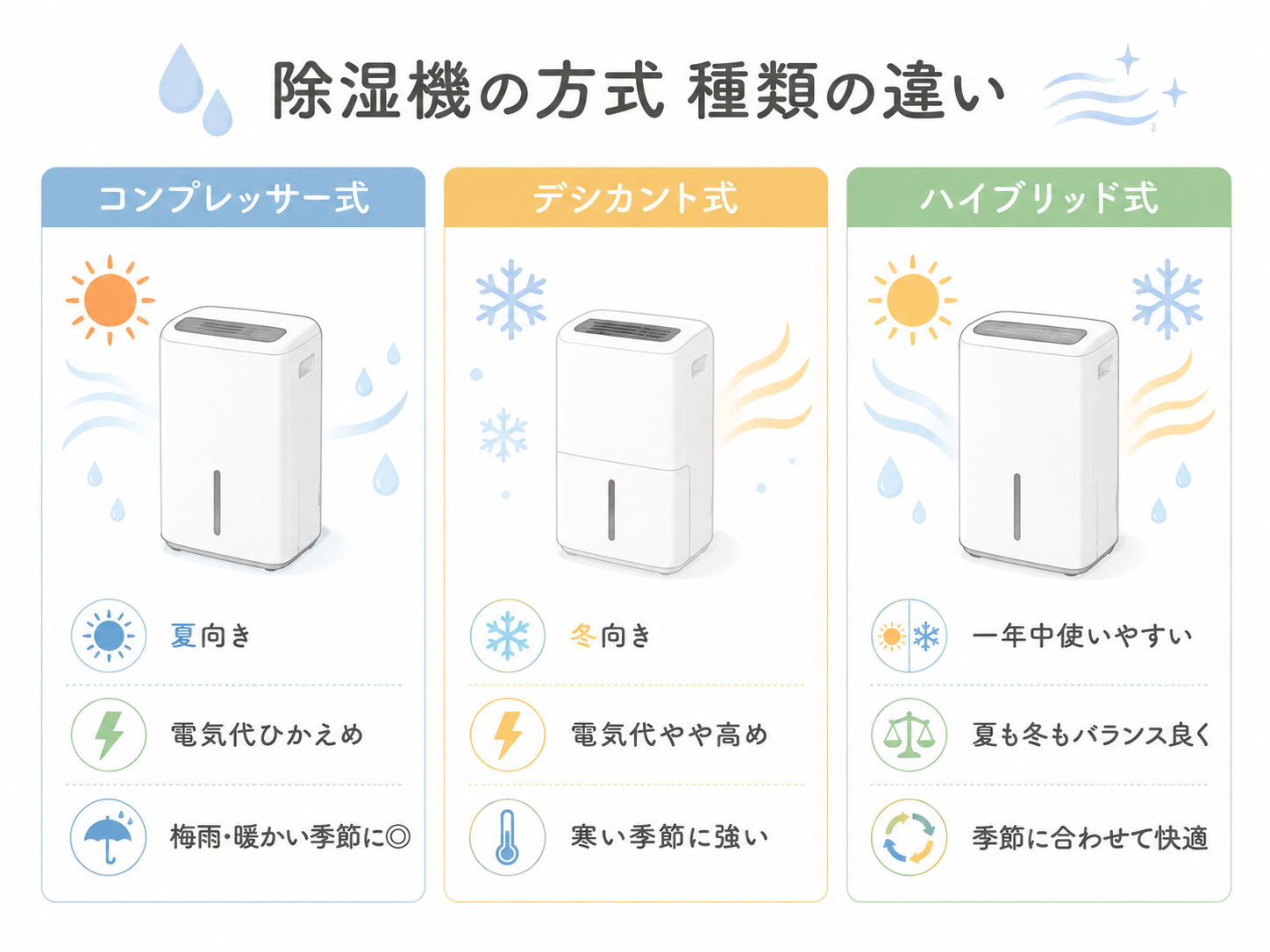 コンプレッサー式、デシカント式、ハイブリッド式の違いを説明する図解イラスト