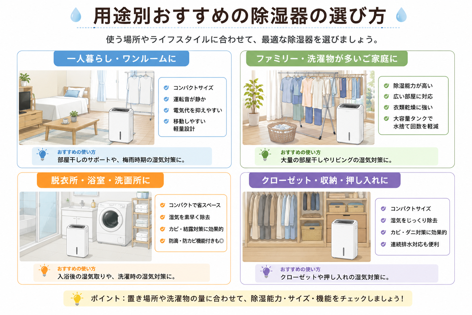 一人暮らしやファミリーなど用途別に除湿器を選ぶイラスト