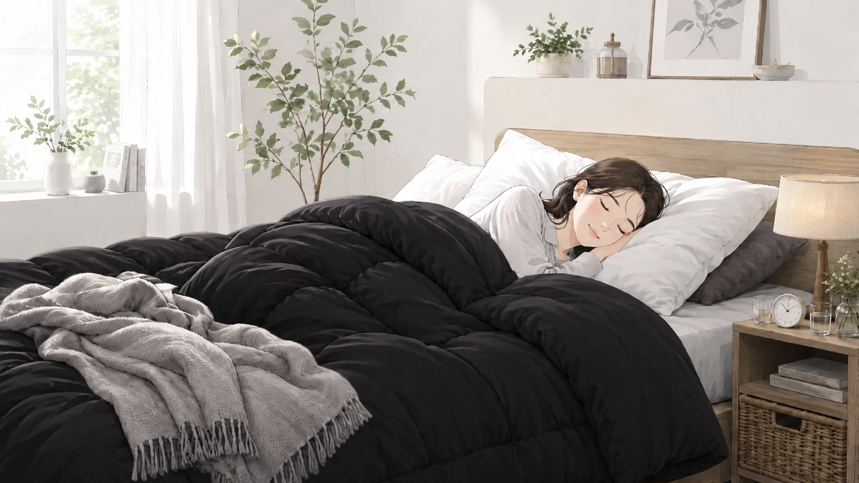 ヒツジのいらないかけ布団で眠る人のイメージイラスト