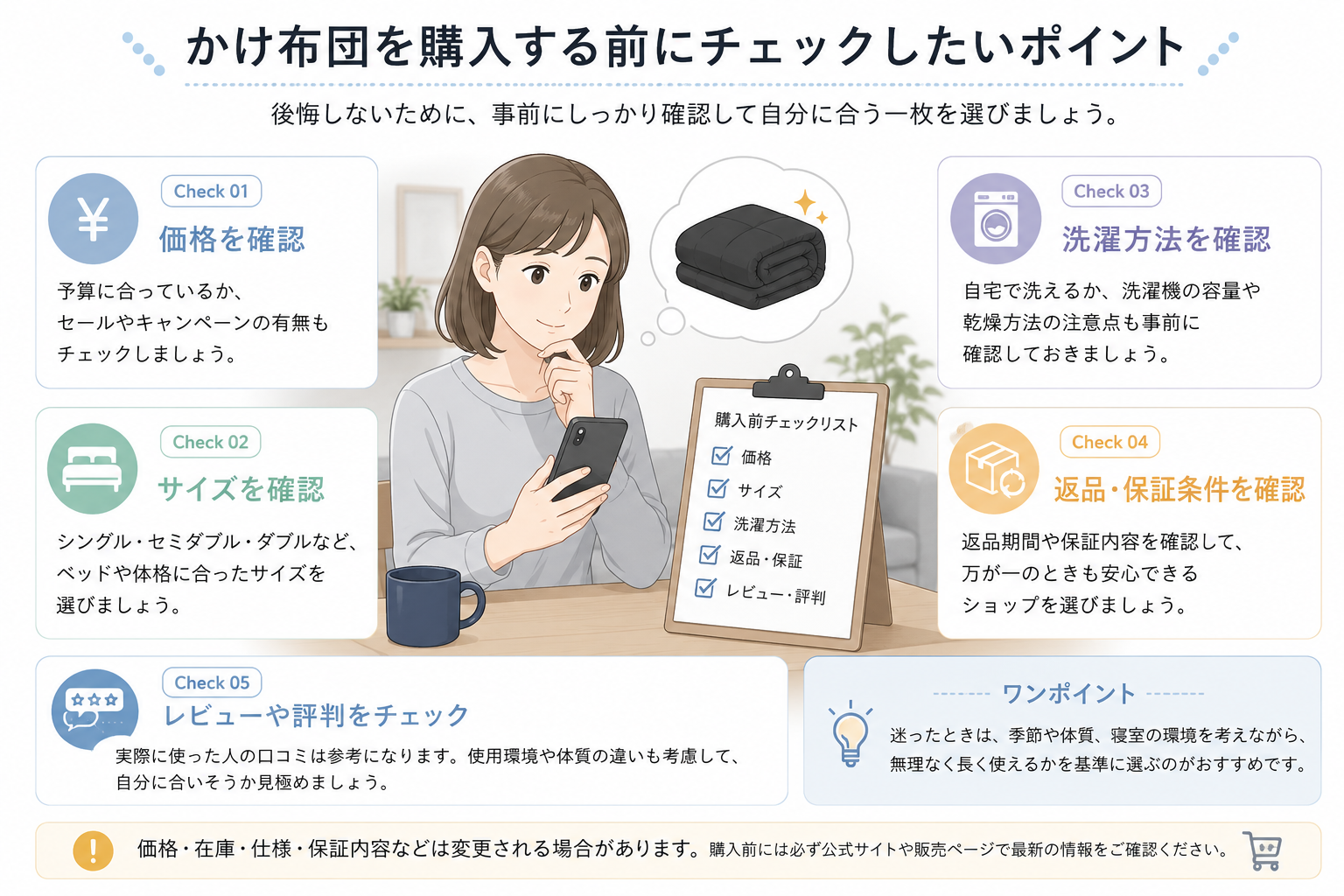 かけ布団購入前のチェックポイントを確認するイラスト