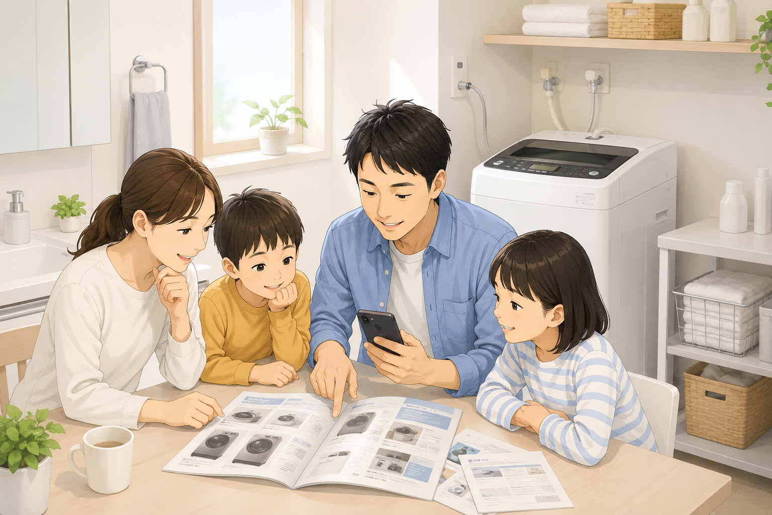ドラム式洗濯機を比較検討する家族のイラスト