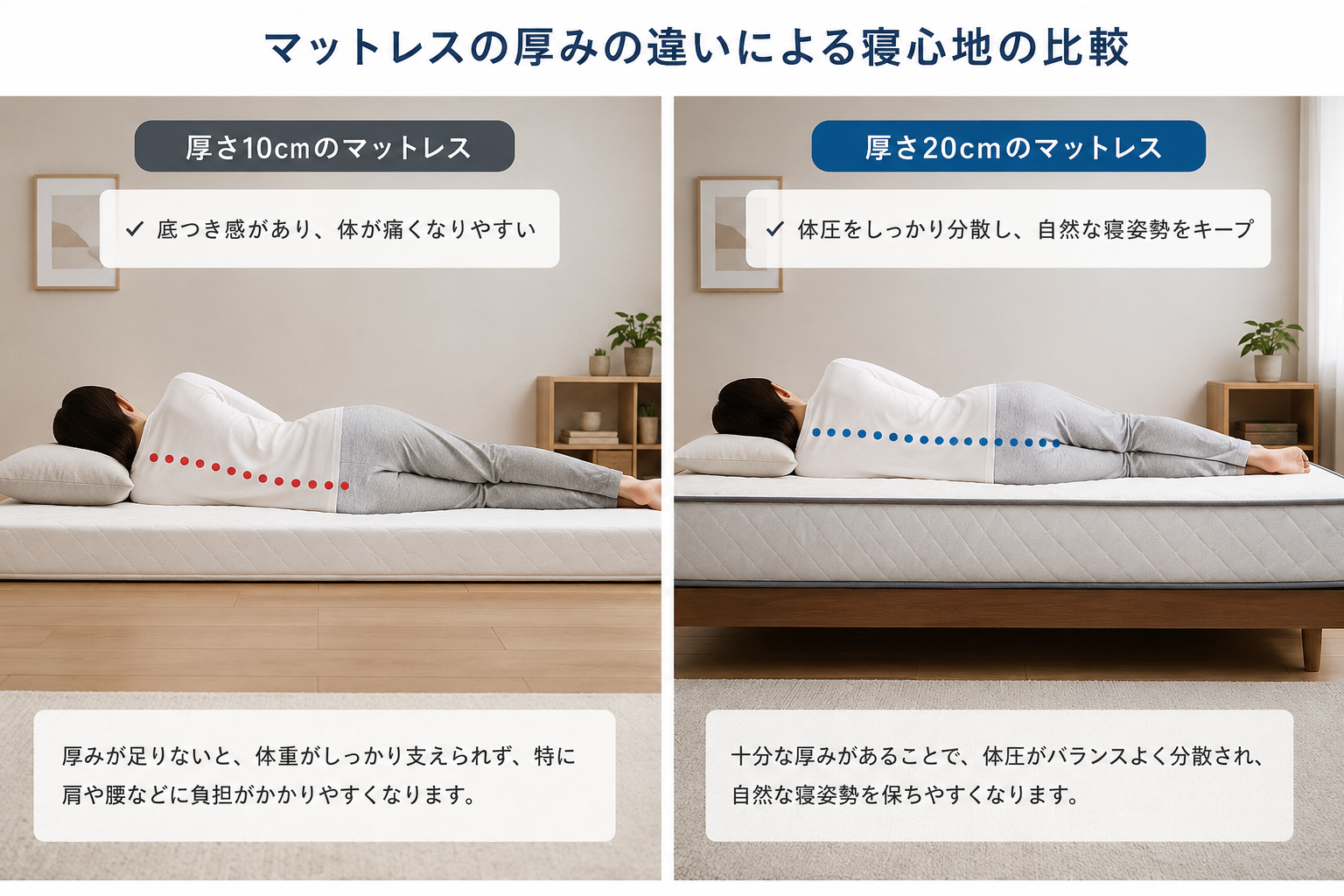 マットレスの厚みによる寝心地の違いを比較した図