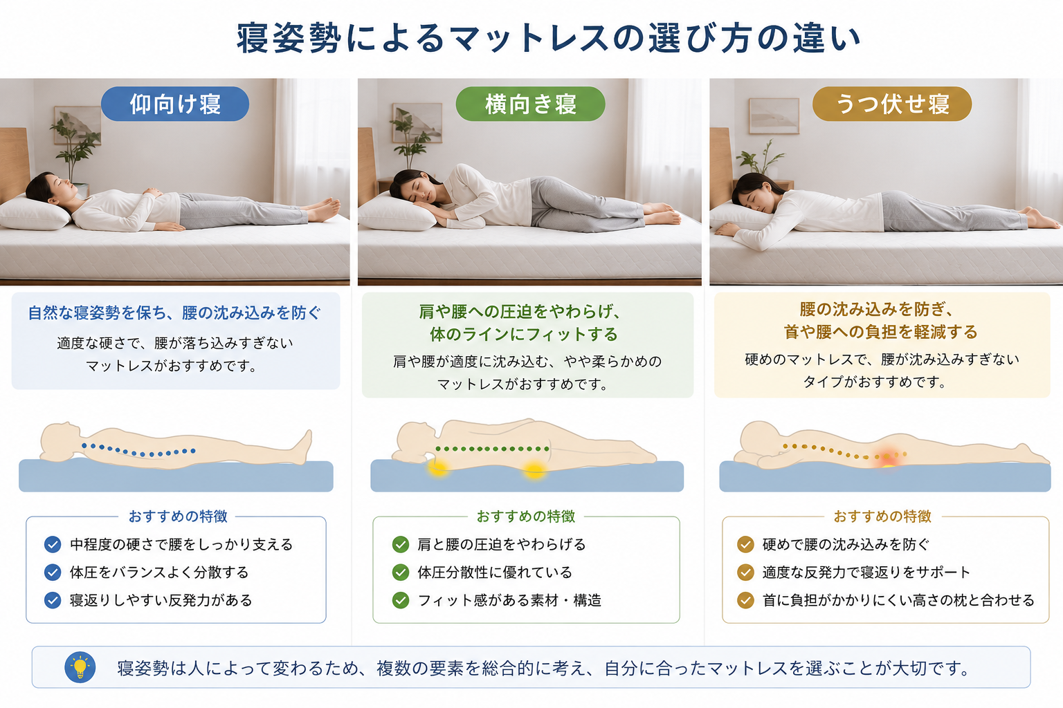 仰向け寝、横向き寝、うつ伏せ寝に合うマットレスの選び方を比較した図