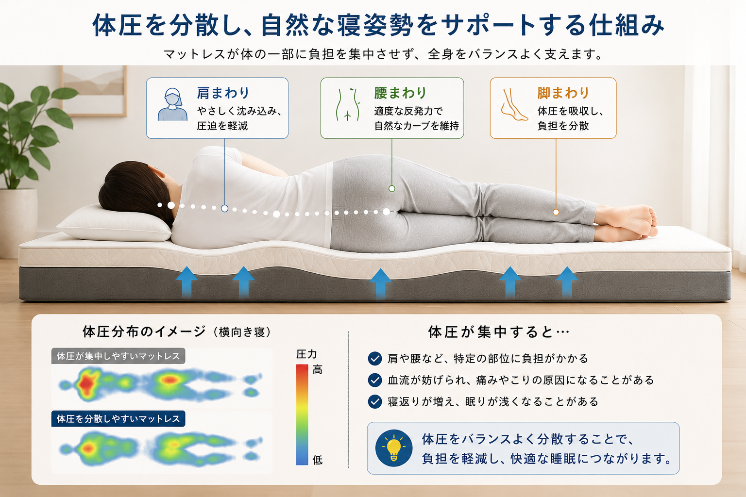 マットレスが体圧を分散して自然な寝姿勢を支える仕組みの図
