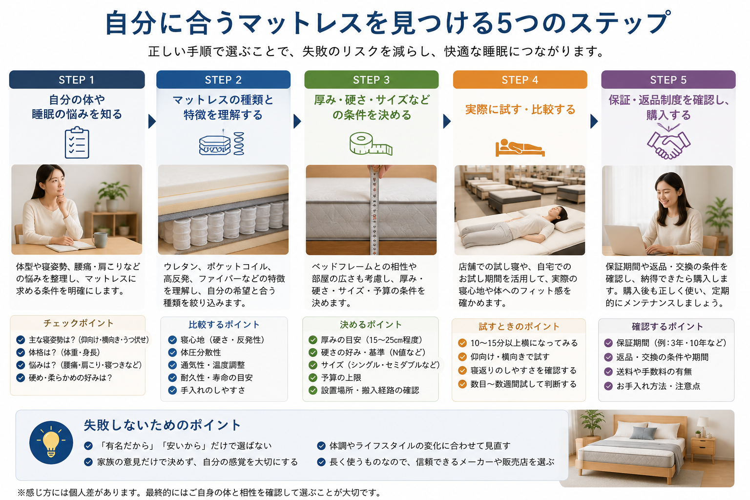 自分に合うマットレスを見つける5つのステップの図