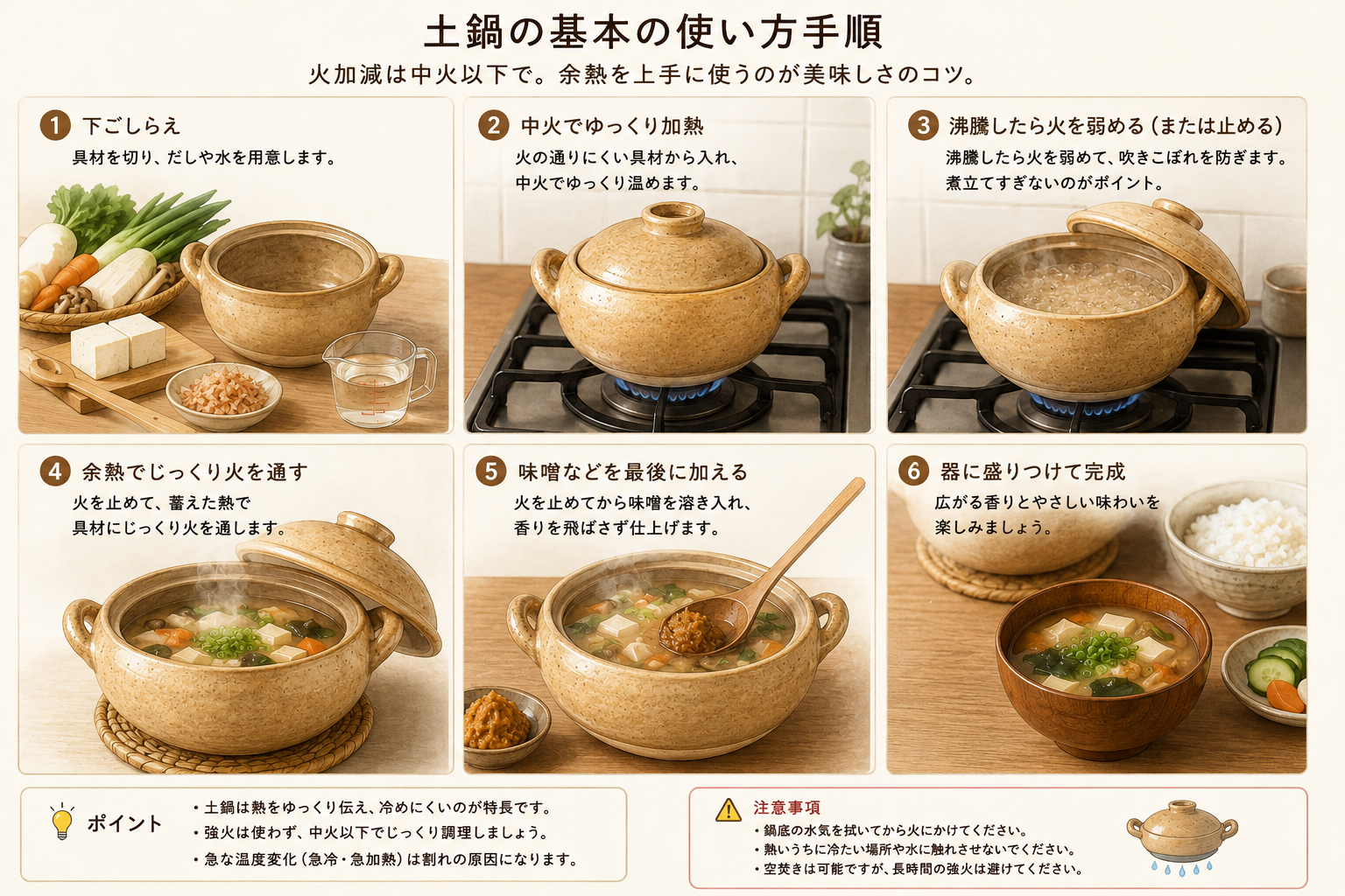 みそ汁鍋の大サイズと小サイズを食卓で比較するイメージ