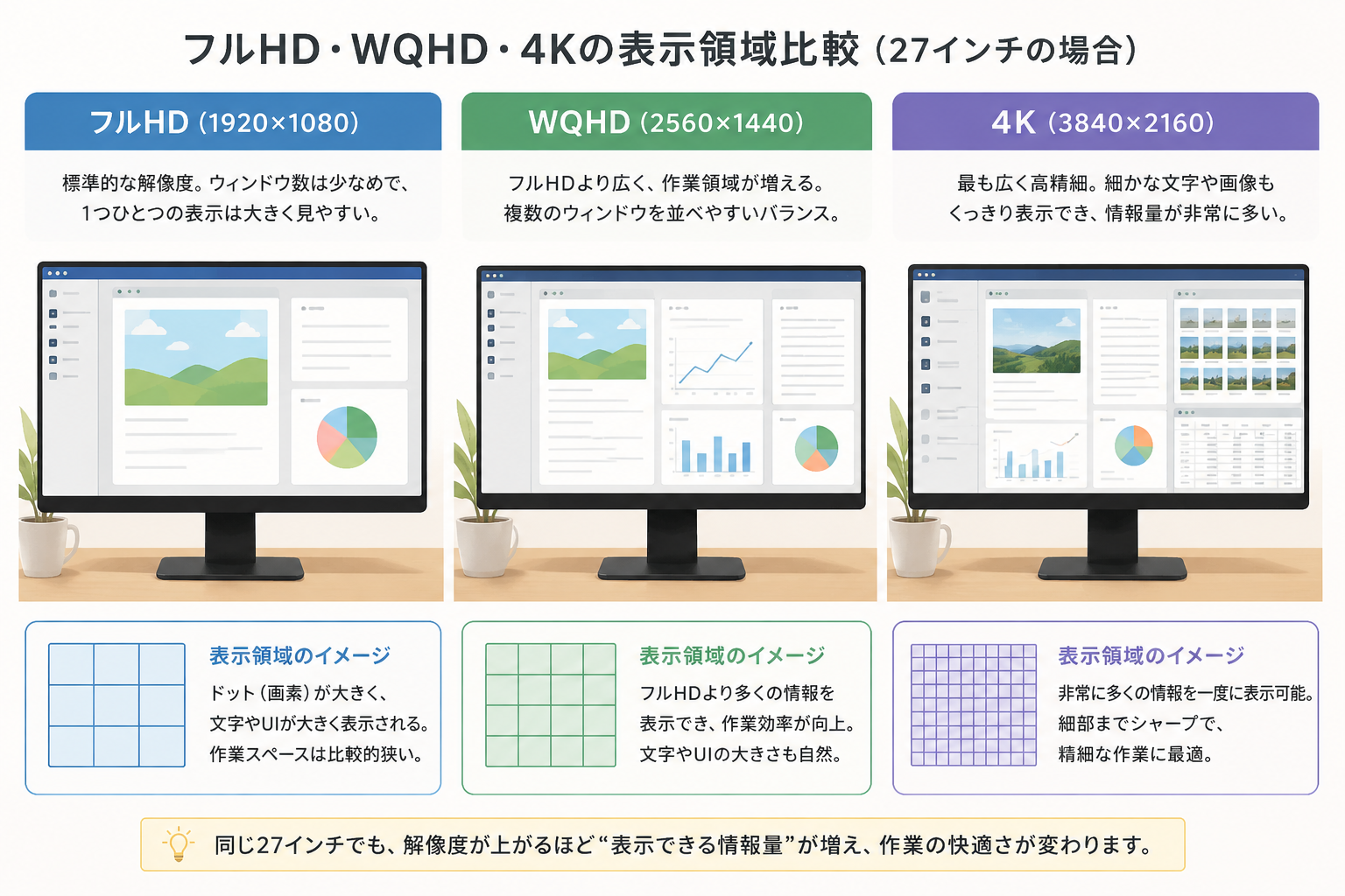 フルHD・WQHD・4Kの表示領域比較イメージ