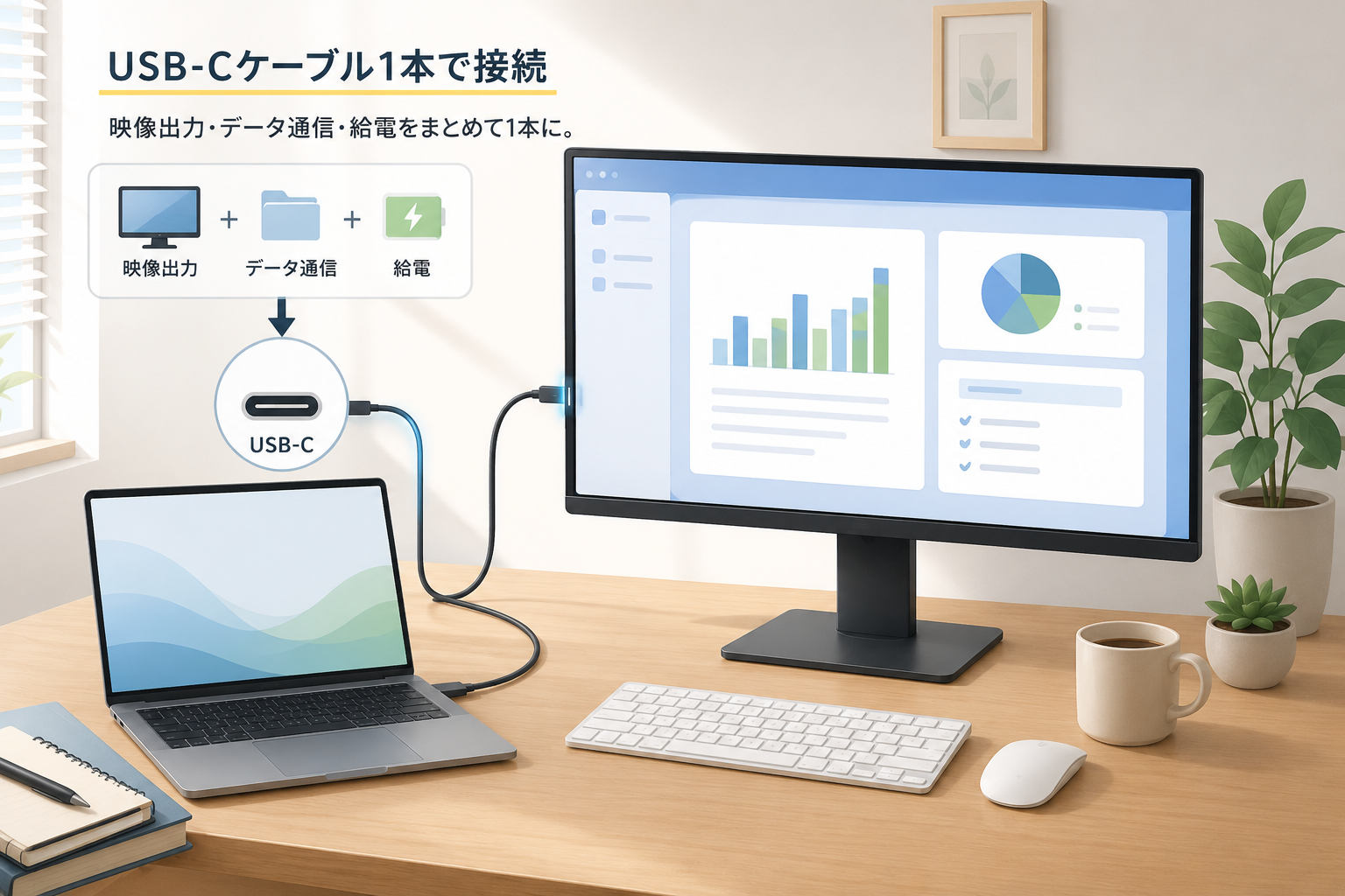 USB-Cケーブル1本でノートPCとモニターを接続するイメージ