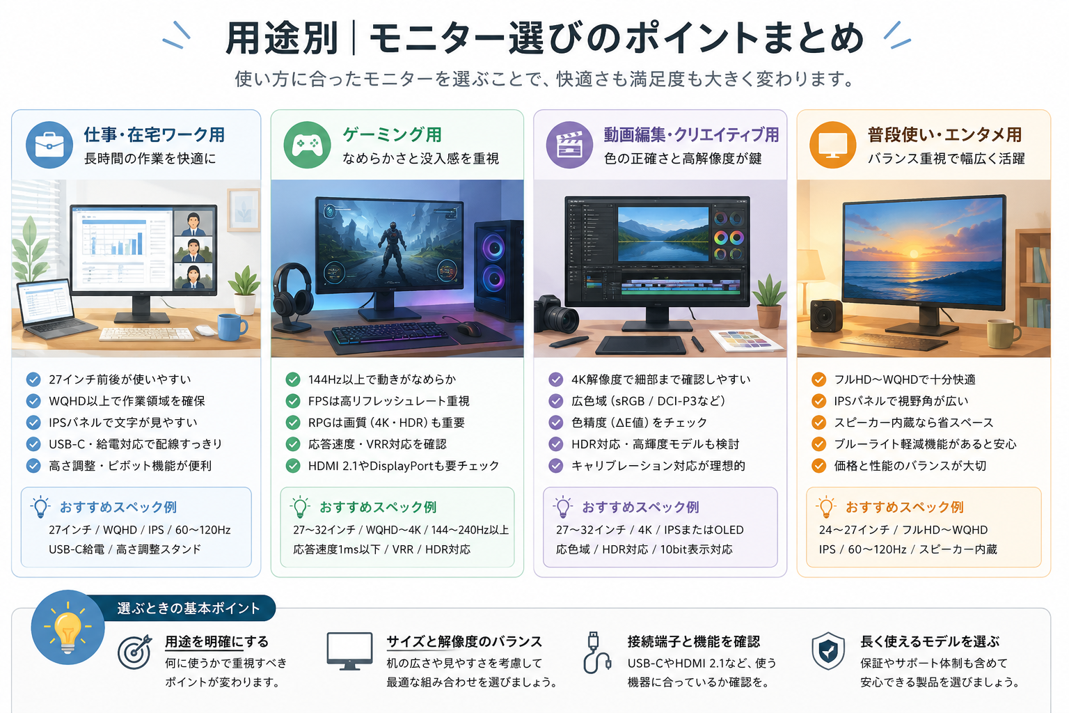 用途別にモニターを選ぶポイントのまとめイメージ