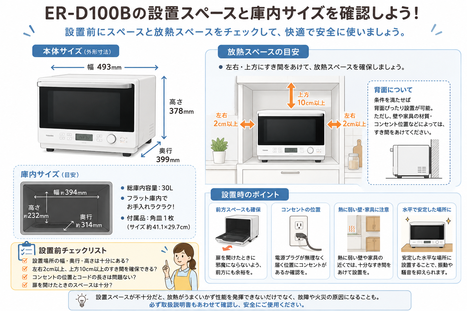 オーブンレンジの設置スペースと放熱スペースを確認するイラスト