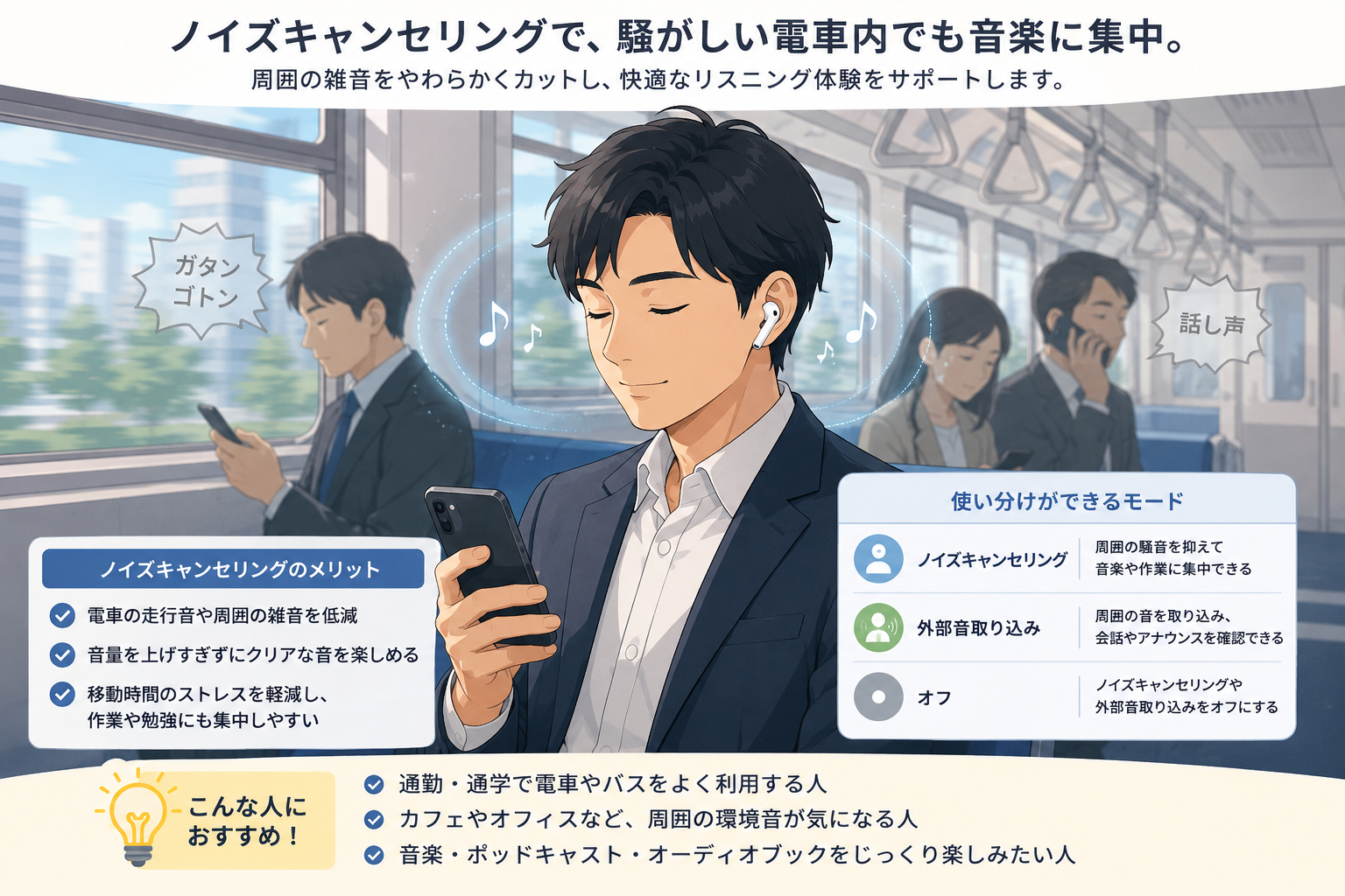 電車内でノイズキャンセリングイヤホンを使う人