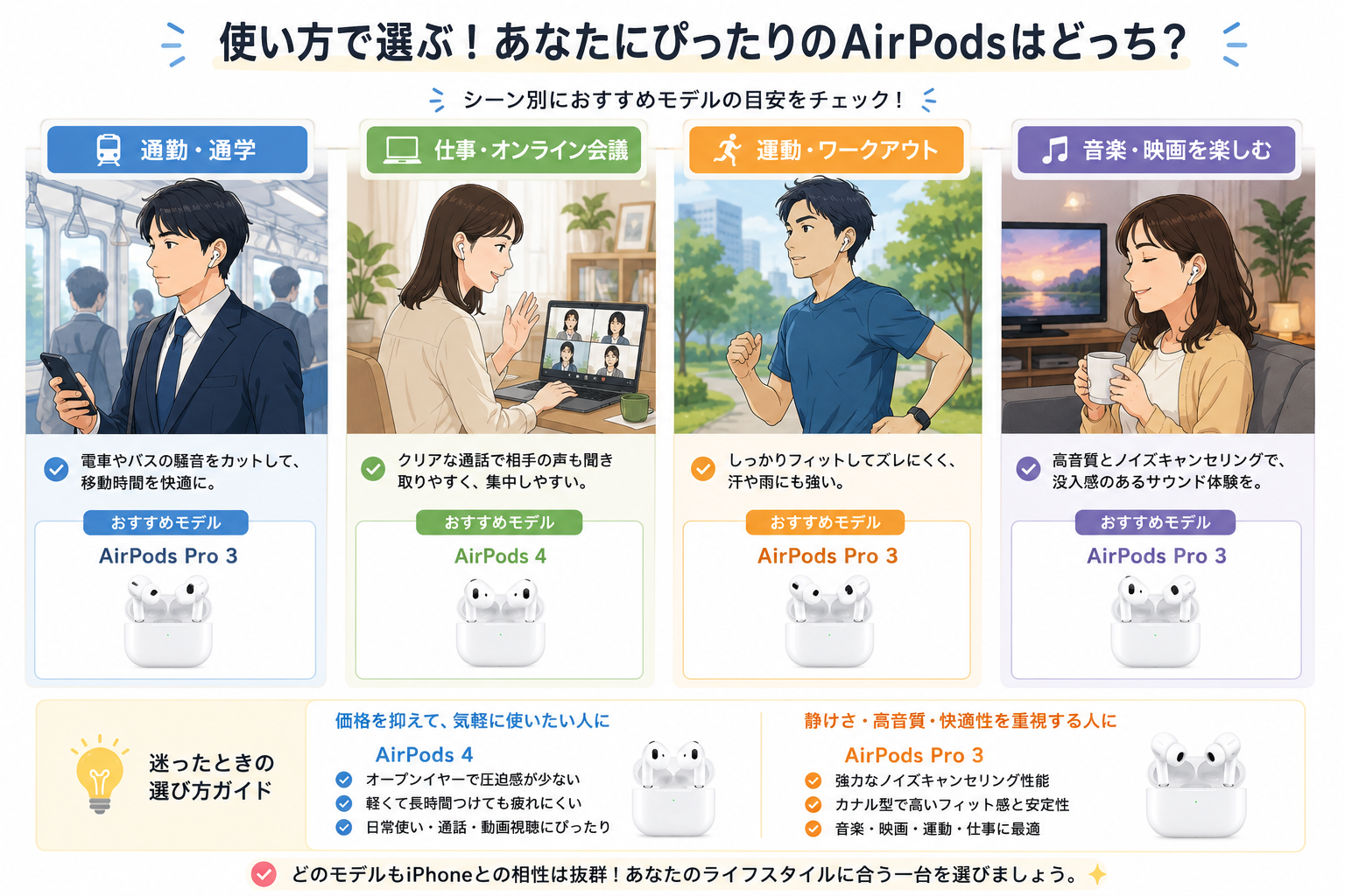 用途に合わせてAirPodsを選ぶイメージ