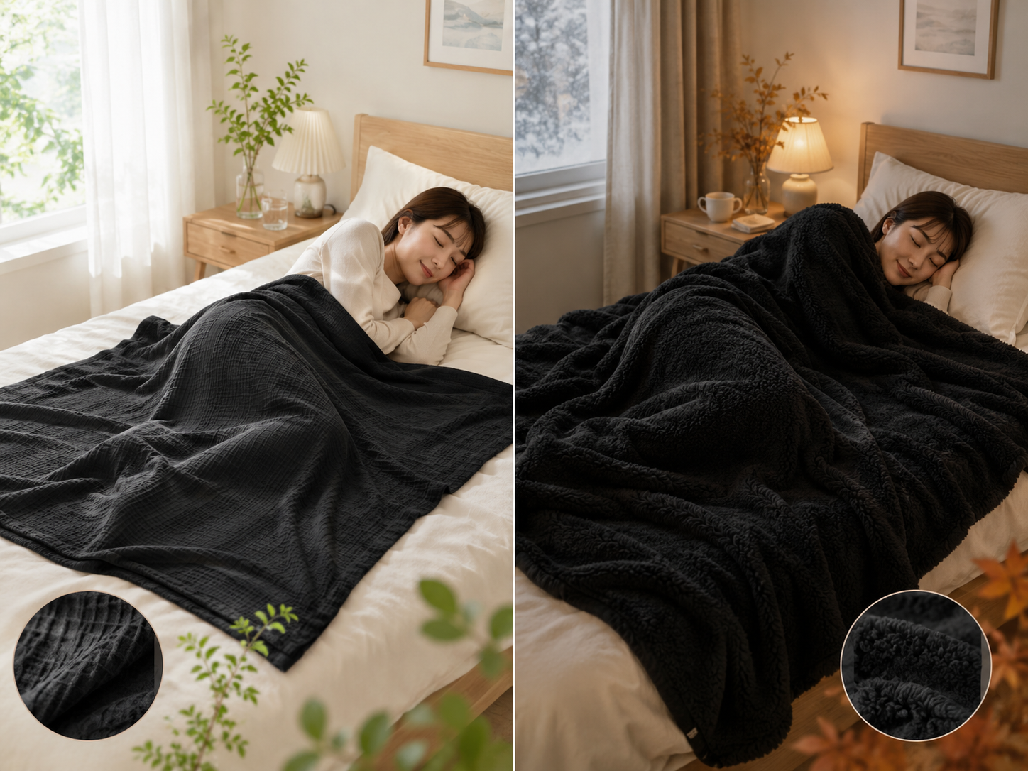 春夏はタオルケット秋冬は毛布を使い分けるイメージ