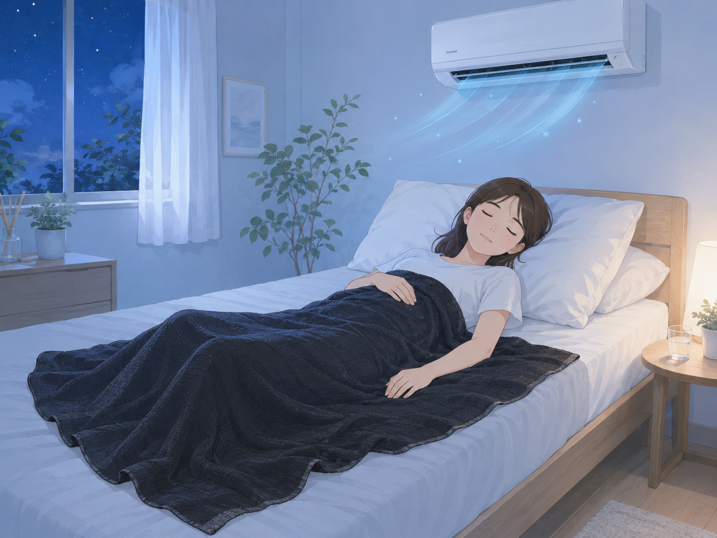 冷房の効いた部屋でタオルケットを掛けて眠る人